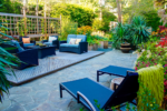 A backyard patio and seating area