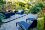 A backyard patio and seating area